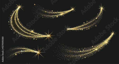 Golden starburst trails and magical glittering dust swirls on a dark background illustrating festive celebrations and special occasions