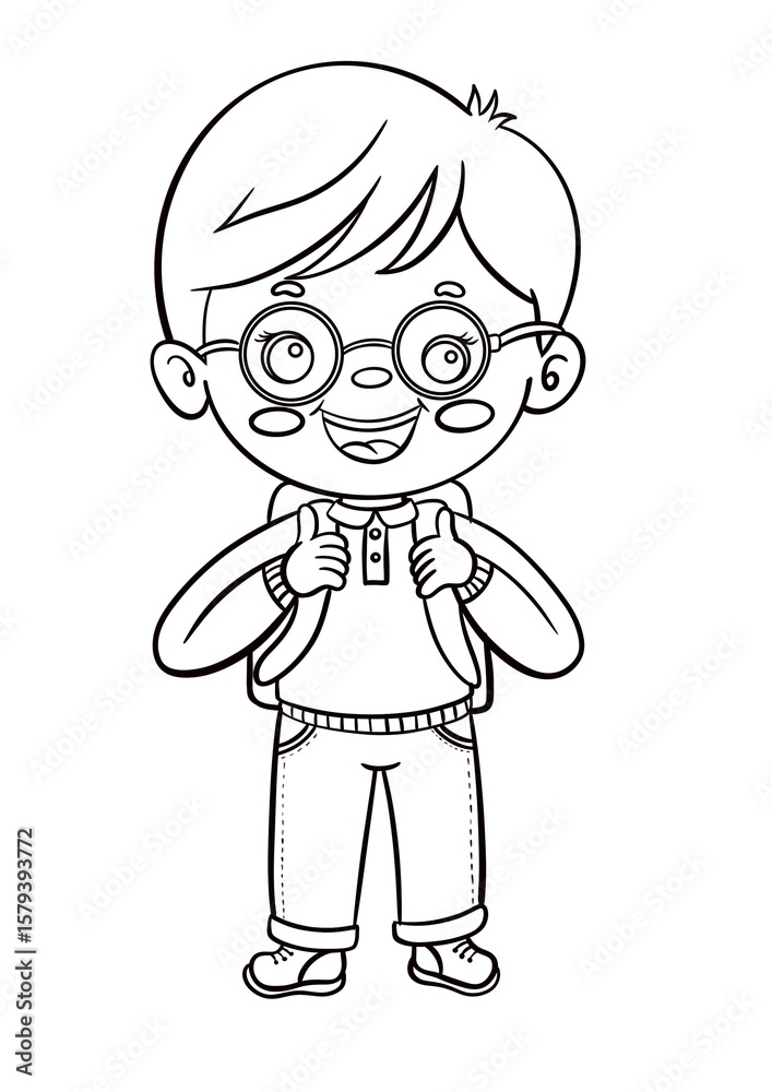 Cheerful cartoon boy with glasses and backpack line art for coloring Cheerful cartoon boy with glasses and backpack line art for coloring