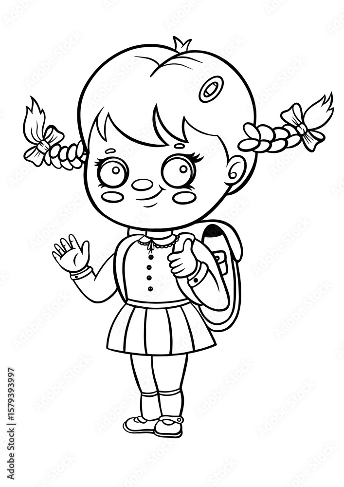 Obraz premium Cheerful cartoon schoolgirl with backpack and braided hair