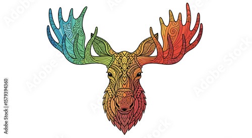 Vibrant rainbow colored moose head silhouette with intricate antlers and detailed textured fur for nature and wildlife enthusiasts