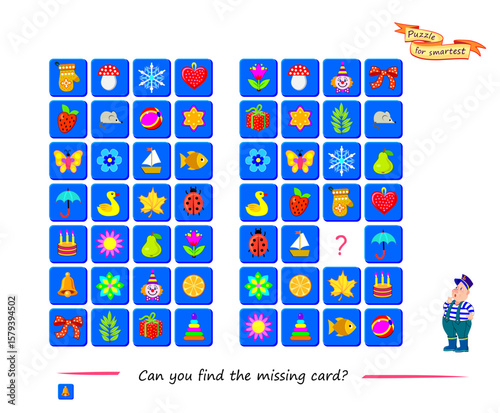 Can you find the missing card? Logic puzzle for children and adults. Educational game. Page for brain teaser book. Task for attentiveness. Play online. Kids activity sheet. Vector illustration.