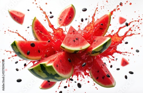 Collection fresh watermelon slices. Red juicy fruit splashing red juice. Black seeds. Vitamin source for healthy diet. White background. Refreshment, summer mood. Vegetarian food, tropical cuisine.