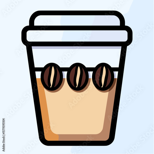 Stylized black-outlined disposable coffee cup with white lid, light brown liquid, three detailed coffee beans on white section, minimalistic light blue background.