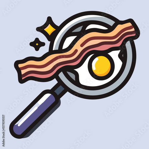Stylized cartoon illustration of a dark purple frying pan with a sunny-side-up egg, bright yellow yolk, white egg white, and striped bacon on light blue background with star-shaped accents.
