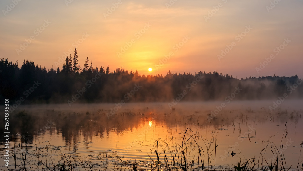 Fototapeta premium Misty sunrise over a tranquil lake with a dense forest silhouette
