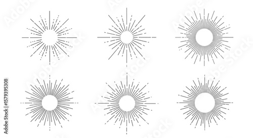 Collection of six unique circular burst starburst sunburst explosions with dotted and line embellishments and abstract radiating patterns for design elements and graphic resources