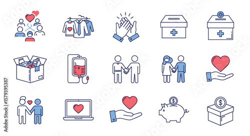 Illustrations of people helping each other through donations and support acts of kindness