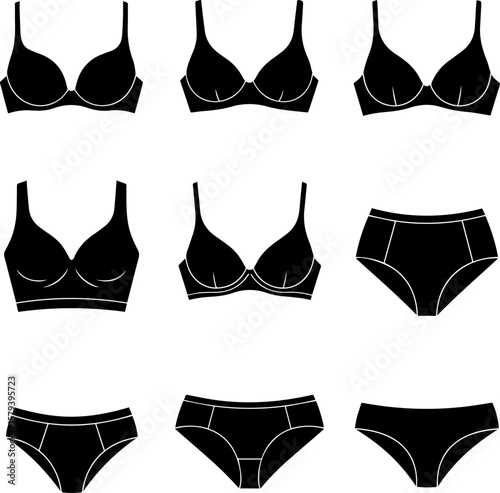 Collection of black bra and panty silhouettes isolated on transparent background