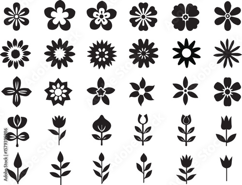 Vector flower icons set in black silhouette style for design projects. Simple floral collection of blossoms, petals, and decorative plants. Perfect for patterns, logos, and prints.