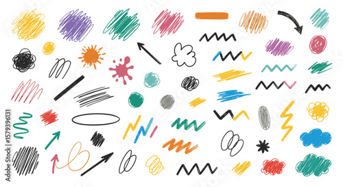 A diverse collection of hand drawn scribbles doodles and artistic elements for creative projects and graphic design applications