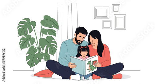A loving mother and father are reading a storybook to their cheerful young daughter in a cozy living room setting surrounded by indoor plants and modern decor