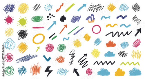 Collection of doodle style arrows splatters scribbles strokes and other hand drawn elements for creative projects