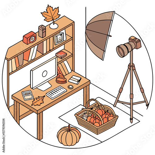 Cozy autumn home office setup with a camera lighting and seasonal decorations creating a warm and inviting atmosphere for creative work