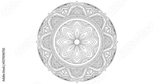 An abstract circular fractal pattern with intricate geometric designs and symmetrical motifs evoking a sense of cosmic symmetry and visual complexity