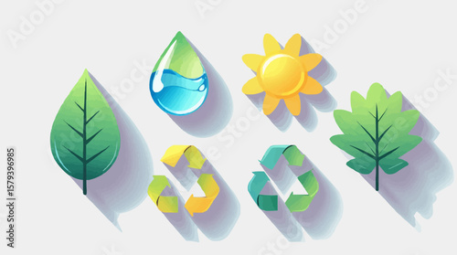 Eco-Friendly Icons Sun, Water, Leaf, and Recycling Symbols for Sustainable Living & Environmental Awareness