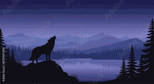 Pixel art wolf howling at the moonlit sky over a serene lake and forested mountains