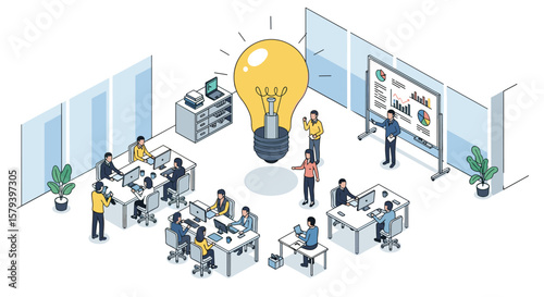 Creative business team collaborating together on innovative ideas generating solutions in modern office environment