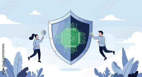 Digital security shield protects data and information ensuring system integrity and cyber defense strategies