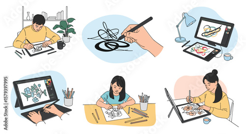 Digital art creation and creative illustration process by talented artists utilizing modern electronic devices for artistic expression