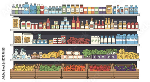 A vibrant assortment of grocery store products arranged on shelves with fresh produce below