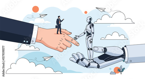 Human handshake with robotic hand symbolizing collaboration between humans and artificial intelligence technology