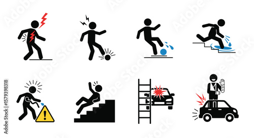Illustrations depicting various accidents and safety hazards encountered in everyday life and work environments