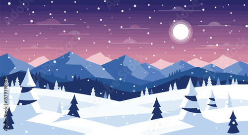 A serene winter landscape with falling snow and a full moon over snowy mountains and evergreen trees under a purple sky