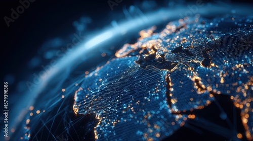 A captivating view of Earth highlighting illuminated cities across Europe and Asia at night, showcasing a web of network connections amidst a dark backdrop
