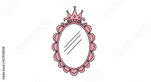A pink oval mirror adorned with a delicate crown sitting atop its ornate frame reflecting three simple diagonal lines