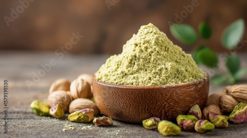 A wooden bowl filled with fine pistachio powder sits on a rustic wooden table. Whole pistachios are scattered around the bowl, enhancing the natural setting and emphasizing the organic feel