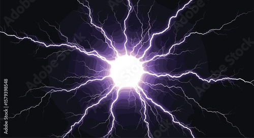 Vibrant purple lightning energy bursting outward from a bright central sphere of light in the darkness