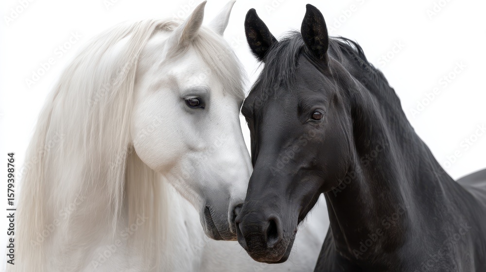 Fototapeta premium Two horses, one white with long flowing mane and the other black with a sleek appearance, stand close together. They seem to share a moment of connection in a calm environment