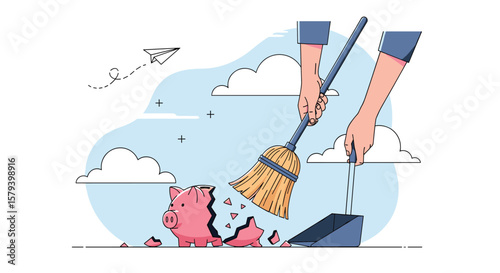 Person sweeping broken piggy bank into dustpan illustrating financial cleanup or restructuring
