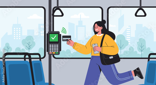 Woman tapping payment card on bus ticket validator for contactless fare payment on public transport modern city transit with green checkmark confirmation symbol