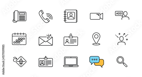 Collection of business communication and office essentials icons for digital platforms and presentations