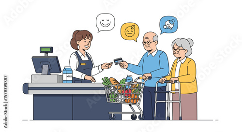 Elderly couple completes grocery shopping transaction with cashier at checkout counter safely and conveniently receiving change after purchase