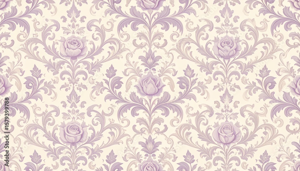 Fototapeta premium 優雅なロココ調フローラルパターン（紫とベージュ） Elegant Rococo Floral Pattern in Purple and Beige