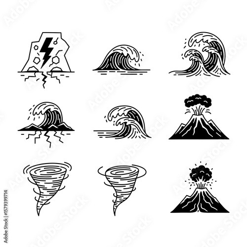 Various natural disaster icons isolated on white background