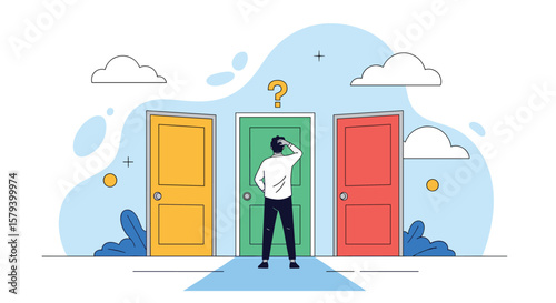 A person standing in front of three doors thinking about which one to choose