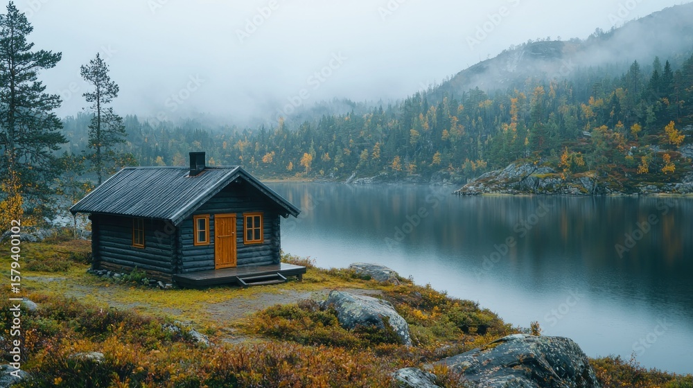 Fototapeta premium Misty cabin by a serene lake