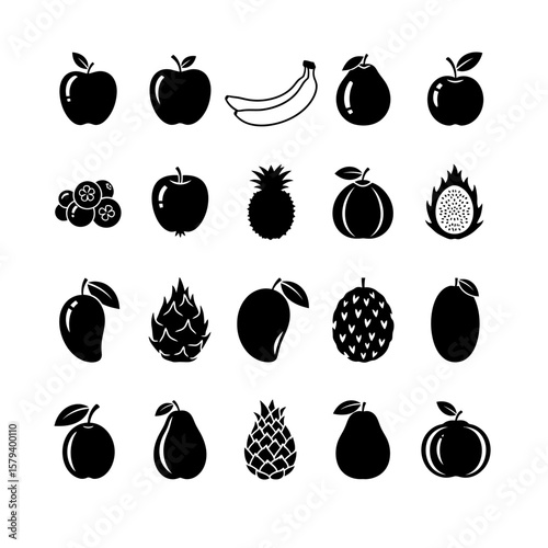 Collection of various fruit icons in black and white