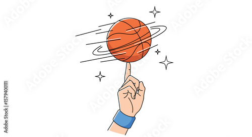 A skilled basketball player demonstrates expert ball handling by spinning a basketball perfectly balanced on their index finger with a blue wristband