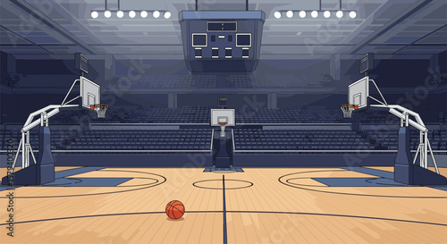 Basketball arena with two hoops and a ball on the court ready for a game