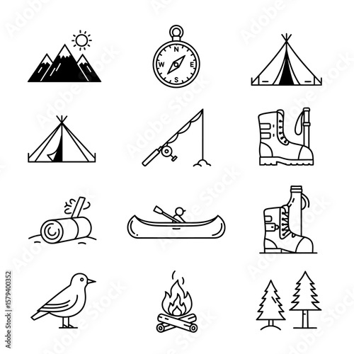 Camping and outdoor adventure icons isolated on white background