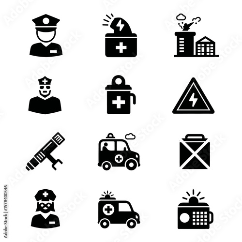 Collection of emergency and safety icons in black