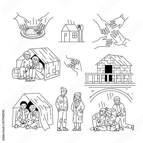 Illustrations depicting homelessness, poverty, and aid efforts