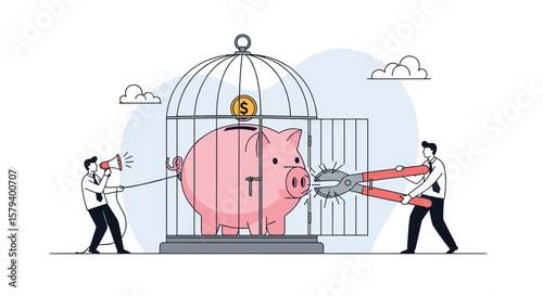 Two individuals work together to free a trapped piggy bank from a cage