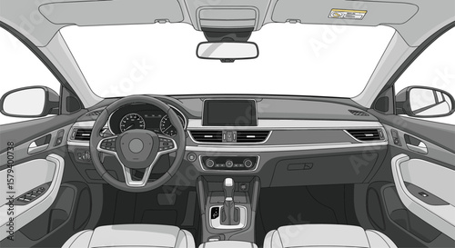 Modern car interior dashboard and steering wheel view from the driver's seat showing technology and comfort features