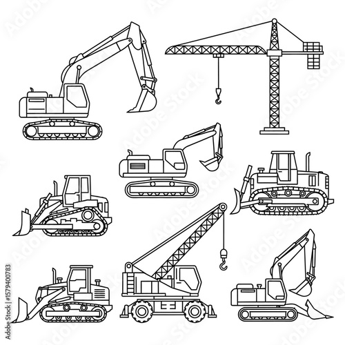 Construction vehicles icons are displayed on a white background
