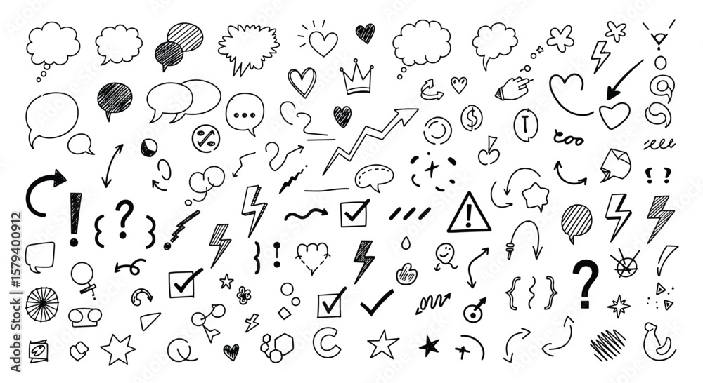 Fototapeta premium A vast collection of hand drawn doodle icons featuring speech bubbles hearts arrows and symbols for design projects
